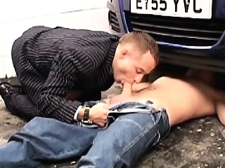 Young car mechanic servicing older gay businessman blowjob (gay) daddies (gay) gays (gay)